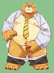 2015 anthro balls bear belly censored clothed clothing erection eyewear front_view garouzuki glasses male male_only mammal masturbation necktie open_shirt overweight overweight_male pants_down partially_clothed penis solo standing