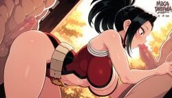 :o ai_generated balls belt_skirt black_eyes black_hair blurry boku_no_hero_academia center_opening erection female from_side large_breasts large_penis lips male medium_hair mikadnsfwia momo_yaoyorozu my_hero_academia nude parted_lips penis ponytail profile red_leotard solo_focus superhero_costume surprised testicles