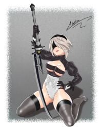 1girls blindfold blindfolded chrisart chrismartinn female grey_hair hand_on_hip headband holding_weapon lingerie nier:_automata short_hair yorha_2b
