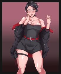 blush boruto:_two_blue_vortex choker exposed_shoulders glasses halationart looking_at_viewer naruto parted_lips sarada_uchiha short_hair shorts small_breasts solo_female thick_thighs wide_hips