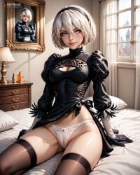 ai ai_generated android createdwithai digital_2d dress fan_art female girl juliet_sleeves medium_breasts nier:_automata nier_(series) nostra666 patreon short_hair stable_diffusion white_hair yorha_2b