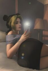 ass ass_focus big_ass censored clothed female female_focus female_only flashing_pussy flashlight flirting green_hair jjba jojo's_bizarre_adventure jojo_reference jolyne_cujoh jolyne_kujo large_ass laying_on_bed meemo.psd message mirror mirror_selfie on_bed patreon phone phone_screen phone_view photo pussy reflection stone_ocean text vagina voluptuous