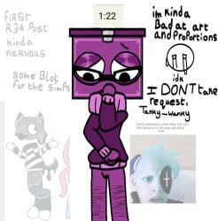 :3 astro_(dandy's_world) blot_(dandy's_world) box boxten_(dandy's_world) dandy's_world purple_body purple_hoodie pussy scared_expression self_upload selfharm selfharm_scars solo vagina worried_expression