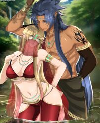 1boy 1girls alternate_costume blonde_hair blue_eyes blue_hair breasts cleavage crane_yuzuriha dancer dancer_outfit elf elf_female elf_male female gemini_defteros ingridd88 long_hair long_hair_male male muscular ponytail saint_seiya saint_seiya:_the_lost_canvas silver_saints spiky_hair topless water