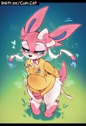 anthro blush bodily_fluids breasts bulge bulge_through_clothing clothed clothing cum cum.cat cum_inside digital_media_(artwork) eeveelution female fur generation_6_pokemon genital_fluids genitals hi_res leaking_cum mammal nintendo partially_clothed penis pokemon pokemon_(species) simple_background smile solo stomach_bulge sylveon tail text thick_thighs white_body white_fur wide_hips