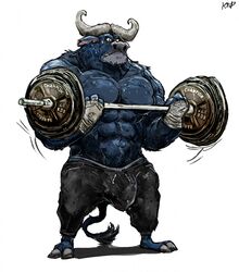 anthro aokmaidu bovine buffalo bulge chief_bogo clothed clothing disney exercise male male_only mammal muscular solo topless weightlifting workout zootopia