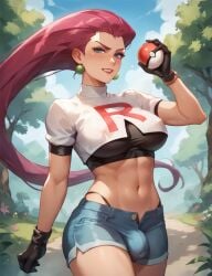 1futa ai_generated bulge bulge_under_clothes futa_only futanari hidden intersex jessie_(pokemon) large_breasts large_penis pink_hair pokemon