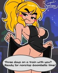 1girls anthro big_breasts black_dress blonde_hair blush cute_fang female flashing flashing_pussy flirting goomba goombella iamsyntara lifting_own_clothes long_hair looking_at_viewer mario_(series) night_dress nintendo paper_mario paper_mario:_the_thousand-year_door pink_body ponytail round_ass sideboob simple_coloring super_mario_bros. text text_bubble