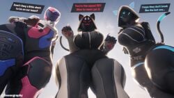 3d 3girls agata_(fortnite) blender cat_girl catgirl catsuit control_(fortnite) dialogue dialogue_box doonography female female_focus female_only fortnite fortnite:_battle_royale giantess girl helmet low-angle_view masked masked_female motorcycle_helmet neuralynx_(fortnite) panther_(fortnite) pov screen_face skin_tight tail tall taller_female text watermark wide_hips
