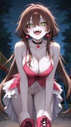 1girls ai_generated background bangs bare_shoulders bending_over big_breasts boots breasts brown_hair busty choker cleavage collarbone commentary_request crazy crazy_eyes damaged_clothes earrings fangs female female_focus female_only glowing_eyes green_eyes hair_between_eyes hands_on_knees laced_boots laugh laughing leaning_forward lia_the_busty_redhead long_hair messy_hair night open_mouth original original_character outdoors outside pale-skinned_female pale_skin partially_clothed petite petite_female playground pussy self_upload solo solo_female solo_focus standing tagme teeth thigh_boots thighhigh_boots thighs torn_clothes torn_clothing torn_dress tree twintails vagina