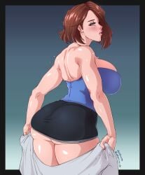big_ass big_breasts buttcheeks exposed_ass halationart jill_valentine lifted_skirt looking_at_viewer looking_back overflowing_breasts parted_lips resident_evil solo_female strapless_top thick_ass thick_thighs toned_back