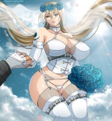1boy 1girls blonde_hair blue_eyes breasts bridal_lingerie bride cleavage crane_yuzuriha female flower flower_bouquet hand_holding huge_breasts ingridd88 lingerie long_hair male saint_seiya saint_seiya:_the_lost_canvas silver_saints wedding_lingerie wide_hips