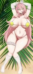 1girl 1girls absurd_res absurdres big_breasts bikini blue_archive collar crossed_arms female hanako_(blue_archive) high_resolution highres leaf leaves long_gloves looking_at_viewer looking_pleasured lustful_gaze pink_hair pink_panties thigh_strap tongue_out voluptuous voluptuous_body voluptuous_female white_collar white_gloves white_socks