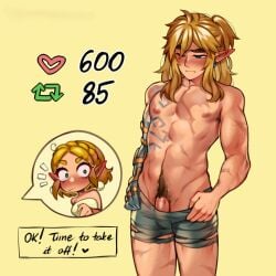 1:1 2024 abs absurd_res akaihimi armpit_hair athletic athletic_male blonde_hair blue_eyes blush body_hair clothed clothed_female clothing duo ear_blush ear_piercing ear_ring elf embarrassed english_text female genitals green_eyes hair hi_res humanoid humanoid_pointy_ears hylian link male male_focus mostly_nude_male nintendo nipples penis piercing pointy_ears princess_zelda pubes ring_piercing scar scars_all_over simple_background solo_focus strip_meme text the_legend_of_zelda topless topless_male underwear underwear_only yellow_background