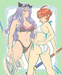 2girls ass ass_visible_through_thighs back bare_arms bare_legs bare_shoulders bikini breasts camilla_(fire_emblem) cleavage crown dat_ass fire_emblem fire_emblem_fates frown hand_on_hip hinoka_(fire_emblem) long_hair midriff nervous purple_eyes purple_hair red_eyes red_hair samanator_club short_hair smile swimsuit thighs tight_fit