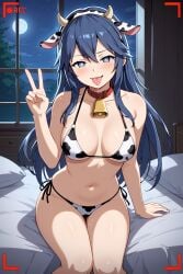 ai_generated bed bedroom cow_bell cow_bikini cow_ears filming fire_emblem fire_emblem_awakening heart-shaped_pupils lucina_(fire_emblem) lucina_owner night peace_sign recording sitting_on_bed