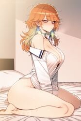 1girls ai_generated blush bottomless choker from_side half-closed_eyes hololive indoors kneeling large_breasts messy_hair nibba on_bed single_bare_shoulder takanashi_kiara unbottoned_shirt wide_hips