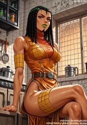 ai_generated armband armlet bangs bare_shoulders belt black_hair breasts clothing crossed_legs dark-skinned_female dark_skin dreadlocks dress english_text ermes_costello facial_mark female female female_only green_hair green_lips indoors jewelry jojo's_bizarre_adventure jousneystudio kitchen large_breasts lips lipstick long_hair looking_at_viewer makeup medium_breasts orange_dress pocket shounen_jump sitting sleeveless solo stone_ocean thick_thighs thighs