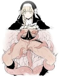 absurdres bar_censor black_veil bottomless braid breast_sucking breasts censored female highres kankaku_shadan long_hair n_(m_ohkamotoh) nipple_stimulation nipples nun original pussy solo tentacle tentacle_pit tentacle_sex vaginal_penetration veil wet