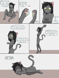 2019 absurd_res anthro biped black_body black_border black_fur black_hair border breasts closed_eyes colored comic curled_up domestic_cat english_text featureless_breasts felid feline felis female female_anthro flask frankenjade front_view fur genitals green_eyes green_pupils hair hi_res inside looking_at_own_hands mammal navel nude nude_anthro nude_female open_mouth pawpads pink_inner_ear pink_nose pink_pawpads potion pupils pussy side_view sitting sitting_on_ground sleeping smile solo speech_bubble spread_legs spreading stretching tail text walking whiskers