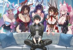 1boy 5girls absurd_res ai_generated animal_ear_fluff animal_ears animal_girl aroused asserting_dominance assertive_female azur_lane biker_clothes bikesuit blue_archive blush bodysuit cleavage crossover fangs fate/grand_order fate_(series) fox_ears fox_girl fox_tail harem heavy_breathing honkai:_star_rail honkai_(series) huge_breasts imminent_gangbang imminent_sex japanese_clothes kemonomimi kitsune koyanskaya_(assassin) koyanskaya_(assassin_first_ascension) koyanskaya_(fate) latex liu_(artist) looking_at_viewer male_rover_(wuthering_waves) meme meme_reference multiple_girls musashi_(azur_lane) on_couch piper_perri_surrounded seductive seductive_look seductive_smile shiny_skin shy silvervale sitting slit_pupils straight tingyun_(honkai:_star_rail) virtual_youtuber voluptuous voluptuous_female vtuber wakamo_(blue_archive) wolf_ears wolf_girl worried worried_look wuthering_waves