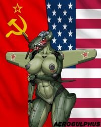 4:5 abs aerogulphus aeromorph aircraft airplane anthro artist_name athletic athletic_female blush female flag hi_res living_aircraft living_machine living_vehicle machine markings metallic_skin military_vehicle multicolored_body propeller purple_eyes russian russian_text shark_teeth_print shy solo soviet_union star_(marking) text two_tone_body united_states_of_america vehicle warning_message wings
