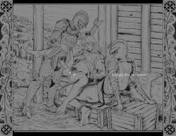 3boys armor bottomless bottomless_male clothed/nude clothed_male_nude_male cum_in_pussy cuntboy dripping_cum dripping_pussy hairy_pussy handjob handjob_while_penetrated intersex jojoekaki knight lifted_shirt male trans_man