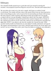 2d 2girls big_breasts black_pants blonde_hair blushing_female boing brown_shirt clavicles curvy_female cyan_eyes doctor dr.violet_(dwps) dwps female female_focus glasses hand_in_pocket ignoring_another light-skinned_female oc original original_characters rosa_(dwps) small_breasts story text violet_eyes violet_hair violet_lips white_background white_coat