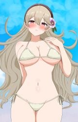 absurd_res alluring alternate_costume arm_behind_back big_breasts bikini black_hairband blonde_hair blue_sky blush cleavage closed_mouth collarbone commentary_request corrin_(fire_emblem) corrin_(fire_emblem)_(female) day embarrassed female fire_emblem fire_emblem_fates fire_emblem_warriors flower frown hair_between_eyes hair_flower hair_ornament hairband hand_on_own_chest hand_up high_res intelligent_systems long_hair looking_at_viewer navel nintendo outside patty_ojisan pointy_ears red_eyes side-tie_bikini_bottom sideboob sky standing stomach swimsuit thighs under_boob white_bikini
