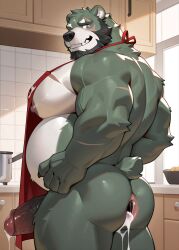 1boy ai_generated animal_tail anthro bear beard blush chubby cum_drip dungeon_explorer erection furry jinpei_(dungeon_explorer) kemono male mature motion_lines muscles nude penis red_eyes white_eyebrows white_mouth