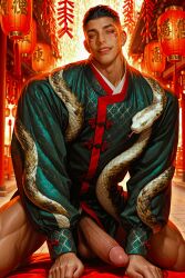 ai_generated athletic_male bara bottomless chinese_clothes dark_hair gay handsome male_only muscular_legs muscular_male naked_from_the_waist_down partially_clothed partially_clothed_male partially_nude partially_undressed smiling_at_viewer solo_male zodoai