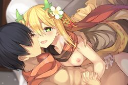 1boy black_hair blonde_hair blush breasts breath censored clothed_sex crescent crescent_hair_ornament crying crying_with_eyes_open cum dreamlight2000 ejaculation female flower flower_knight_girl game_cg green_eyes hair_flower hair_ornament hand_holding interlocked_fingers katabami_(flower_knight_girl) mosaic_censoring nipples official_art one_eye_closed scarf sex short_hair small_breasts tears tongue tongue_out