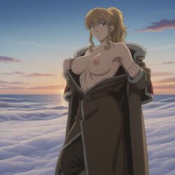 ai_generated areola areola_slip areolae armpits bare_breasts bare_chest bare_shoulders beach big_breasts blonde_female blonde_hair blonde_hair_female blue_eyes breasts breasts_bigger_than_head breasts_out_of_clothes female female_focus female_only half-dressed icelandic large_breasts light-skinned_female messy_hair nipples nordic nordinex5 norse_woman ocean_background open_clothes open_clothing open_coat open_jacket outdoors pale-skinned_female ponytail snow solo solo_female solo_focus stable_diffusion taking_clothes_off tits_out undressing undressing_self viking_female viking_village vinland_saga ylva_(vinland_saga)