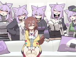 6girls :3 animal_ear_fluff animal_ears beret black_hoodie brown_eyes brown_hair cat_ears cat_tail catgirl clone cocomayo29 colored_nails couch dog_ears dog_tail doggirl drawstring female half-closed_eyes hat hololive hololive_gamers hololive_japan hood imminent_sex indoors inugami_korone loose_neck_ribbon meme multiple_girls naughty_face neck_ribbon nekomata_okayu oerba_yun_fang off_shoulder pillow piper_perri_surrounded purple_eyes purple_hair purple_ribbon rape_face ribbon short_hair sitting standing tail tomato_(kikikiko84) virtual_youtuber white_shirt yellow_coat yellow_fingernails yuri
