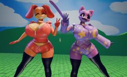 2girls 3d 3d_(artwork) background big_breasts blender_(software) breasts cat_girl cat_tail catnap_(poppy_playtime) cleavage closed_eyes clothed coolestanon critters_(poppy_playtime) dog_girl dog_tail dogday_(poppy_playtime) dorthy_(theycallhimcake) female furry furry_female furry_only happy nilly_(theycallhimcake) no_humans no_nudity pajama_pants pajama_shirt poppy_playtime smiling_critters stockings theycallhimcake thighhighs v_sign