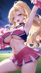 1girls ai_generated armpits arms_up bangs bare_shoulders belly_button big_breasts blonde_female blonde_hair blonde_hair_female blue_eyes breasts busty cheerleader cheerleader_outfit cheerleader_uniform choker commentary_request earrings eyeshadow fangs female female_focus female_only girly hair_between_eyes hand_on_hip happy knee_up lia_the_busty_redhead lipstick long_hair looking_at_viewer makeup midriff miniskirt navel night original original_character outdoors outside pale-skinned_female pale_skin pink_clothing pom_poms ponytail sassy self_upload sideboob skirt solo solo_female solo_focus standing tagme thighs topwear underboob vampire vampire_girl wavy_hair
