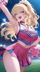 1girls ai_generated armpits arms_up bangs bare_shoulders belly_button big_breasts blonde_female blonde_hair blonde_hair_female blue_eyes breasts busty cheerleader cheerleader_outfit cheerleader_uniform choker commentary_request earrings eyeshadow fangs female female_focus female_only girly hair_between_eyes hand_on_hip happy lia_the_busty_redhead lipstick long_hair looking_at_viewer makeup midriff miniskirt navel night original original_character outdoors outside pale-skinned_female pale_skin pink_clothing pom_poms ponytail sassy self_upload sideboob skirt solo solo_female solo_focus standing tagme thighs topwear vampire vampire_girl wavy_hair