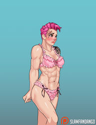 1girls 2d abs blizzard_entertainment blush breasts female female_only green_eyes lingerie muscles muscular_female navel overwatch pink_hair scar shy slamfandango solo tattoo tattoos zarya