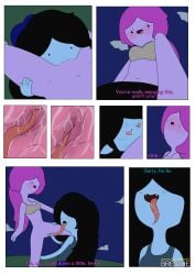 2girls adventure_time black_hair blush bottomless bottomless_female bra brewdie cartoon_network comic cunnilingus deep_cunnilingus dialogue female female_only grey_body grey_skin inside_view licking marceline pink_body pink_hair pink_skin princess_bubblegum pussy pussy_juice_in_mouth pussy_juice_on_tongue red_eyes tagme text tongue tongue_fuck vampire vampire_girl yuri