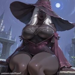 1girls ai_generated alternate_version_at_source big_breasts black_body black_lips black_skin blue_eyes breasts dark-skinned_female elden_ring_nightreign fantasy female hat hypet long_hair looking_at_viewer mage recluse_(nightreign) shiny_skin solo tagme thick_ass thick_legs thick_thighs thigh_highs thighs video_game_character video_games white_hair witch_hat