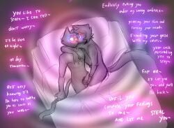 2024 anthro arm_around_shoulders bed bedding blanket citrine_(hypnocatto) dialogue domestic_cat dominant dominant_male duo felid feline felis furniture glowing glowing_eyes guide_lines handjob handwritten_text happy_trance hi_res hypnosis hypnotic_eyes kuro-freak lying maffin_(kuro-freak) magic male male/male mammal mind_control nude on_back on_side penile pillow ringed_eyes sex smile submissive submissive_male text