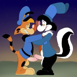 2boys anthro bobcat bonkers bonkers_d._bobcat bottomless_female clothed_male duo eye_contact feline frottage gay hat holding_partner hug huge_cock humanoid_genitalia lynx male male_only penis skunk skunky_skunk thick_penis yaoi