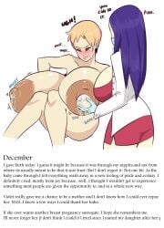 2d big_breasts black_earrings blonde_hair blush breast_pregnancy brown_nipples clavicle completely_nude_female doctor dr.violet_(dwps) dwps gigantic_breasts giving_birth gloves hiding_pussy leaking_breasts light-skinned_female mask nipple_birth oc original original_character original_characters rosa_(dwps) story text thin_female violet_hair white_background white_coat