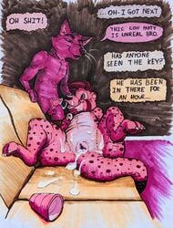 anthro bodily_fluids cum duo embarrassed english_text genital_fluids genitals hi_res male male/male party penis plushie plushification plushsuit sushiotter_(artist) text