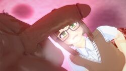 1girl1boy 3d big_black_cock big_penis brown_hair clothed_female_nude_male dark-skinned_male female flat_chest freckles glasses green_eyes huge_cock imminent_oral imminent_sex interracial k-t_(lugame) koikatsu lugame lust lustful_gaze male musk musk_clouds musky_cock on_knees open_mouth penis penis_awe petite school_uniform schoolgirl steam steaming_body steamy_breath