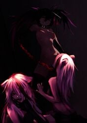 2girls big_breasts black_choker black_rock_shooter black_rock_shooter_(character) breasts chains choker female insane_black_rock_shooter licking_pussy long_hair nipples oreshek purple_hair pussy_eating red_eyes twintails white_hair yuri