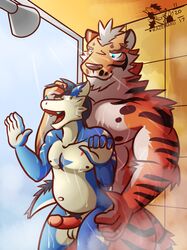 dragon furry horn lin_hu male muscular nekojishi nipples penis precum scar shower ventkazemaru yaoi