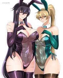 2girls behemoth_violate big_ass black_hair blonde_hair blue_eyes breast_size_difference bunny_ears bunnysuit cleavage crane_yuzuriha duo female female_only gloves hand_on_breast huge_breasts ingridd88 large_breasts latex_gloves long_hair panties ponytail purple_eyes saint_seiya saint_seiya:_the_lost_canvas scars silver_saints size_difference smile smirk specters thighhighs thong wide_hips