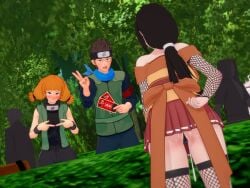 1boy 2girls after_sex after_vaginal almost_caught ass ass_focus blunt_bangs blush boruto:_naruto_next_generations bottomless bottomless_female brown_hair bushes cum cum_in_pussy cum_inside cumdrip dripping_cum embarrassed exhibitionism exhibitionist faceless_male facing_away female_focus heavymilk134 holding_object hyuuga_hanabi jacket kazamatsuri_moegi kimono koikatsu konohagakure_symbol multiple_girls naruto no_panties orange_hair outdoors park people_in_background ponytail public public_exposure public_indecency rear_view sarutobi_konohamaru scarf sexually_suggestive skirt stockings suggestive ticket twintails underass vest yukata