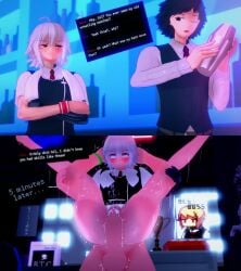 1boy 1boy1girl 1girls 2koma 3d ahoge arms_crossed black_hair blush clenched_teeth dana_zane dialogue eyes_rolling_back female full_nelson full_nelson_vaginal gillian_(va-11_hall-a) gritted_teeth head_grab koikatsu light-skinned_female light-skinned_male light_skin long_hair male motion_lines prosthetic_arm spiritofrei sweat sweatdrop text uniform va-11_hall-a white_hair